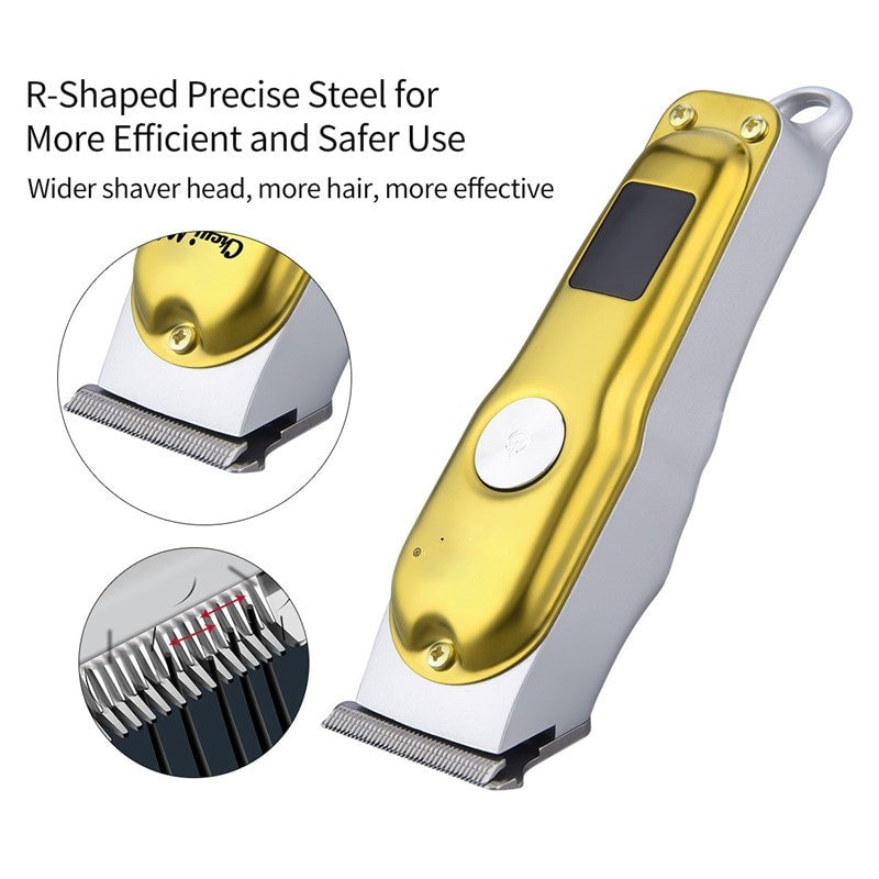 Digital Electric Hair Clippers with R-blade design, showcasing the sleek body and LCD display for battery capacity.