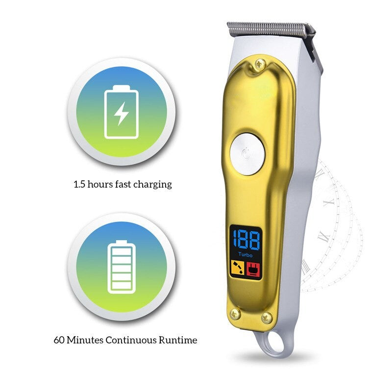 Digital Electric Hair Clippers with R-blade design, showcasing the sleek body and LCD display for battery capacity.