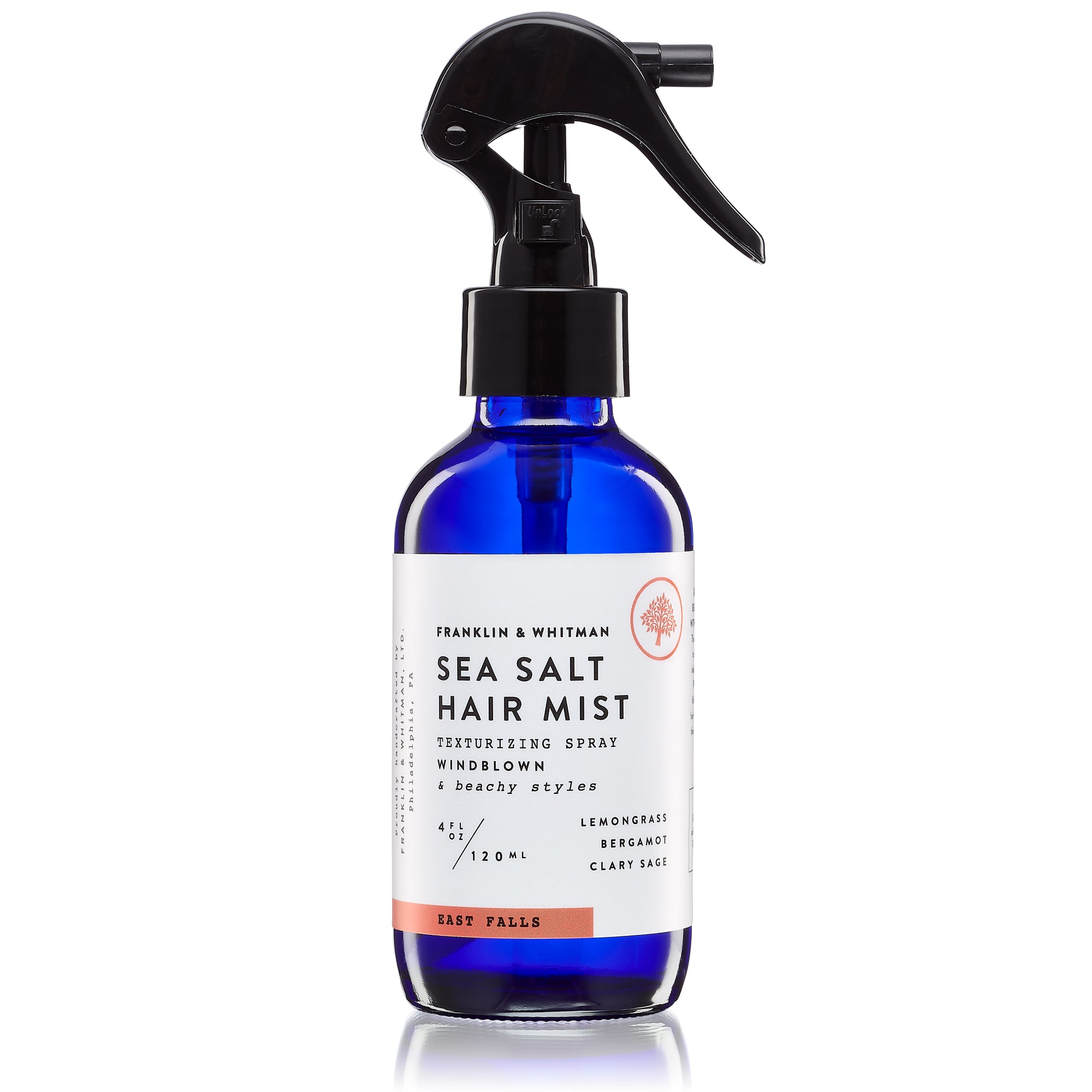 East Falls Sea Salt Hair Mist in a glass bottle with a refreshing scent and natural ingredients for beachy waves.