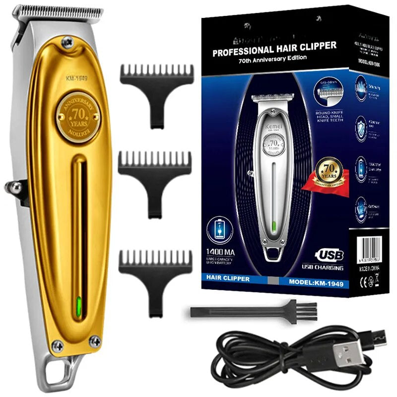 Electric Barber Full Metal Professional Hair Trimmer for Men with charging indicator and multiple attachment combs.