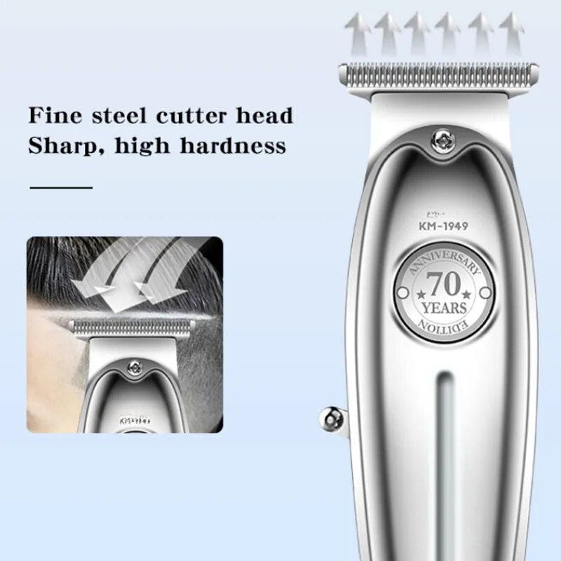 Electric Barber Full Metal Professional Hair Trimmer for Men with charging indicator and multiple attachment combs.