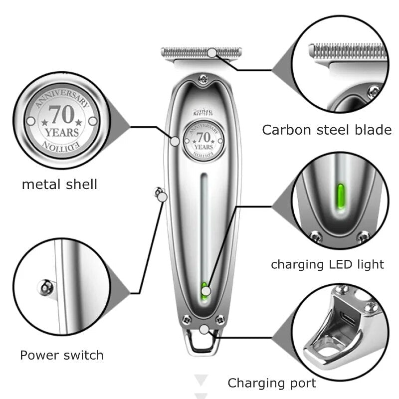 Electric Barber Full Metal Professional Hair Trimmer for Men with charging indicator and multiple attachment combs.