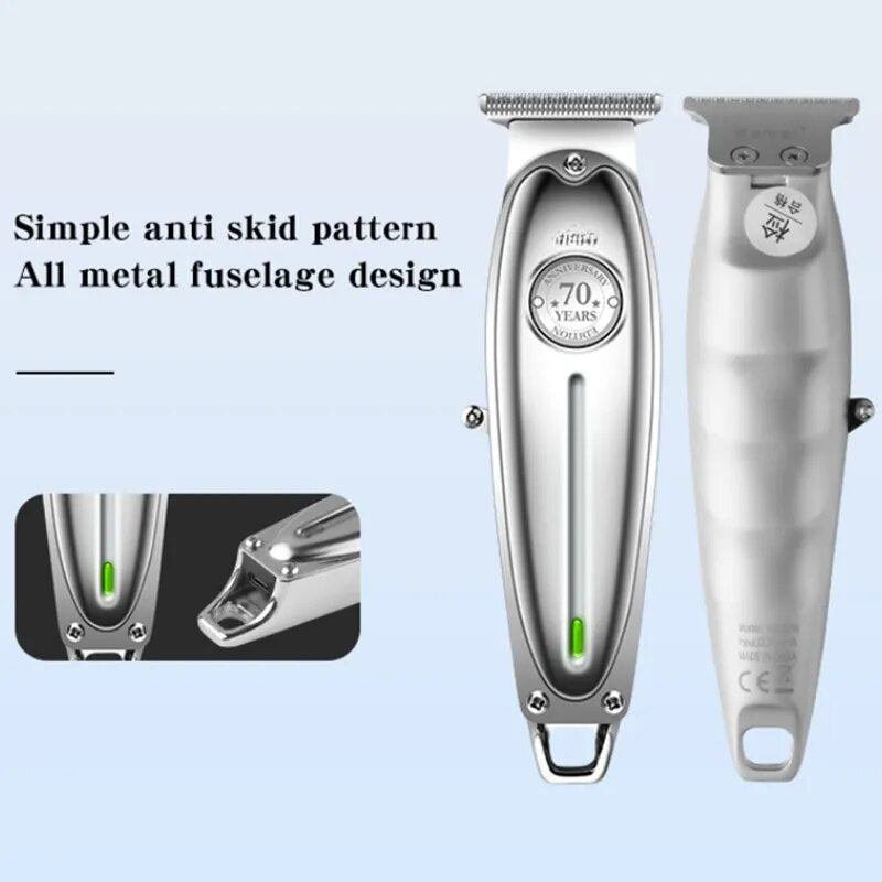 Electric Barber Full Metal Professional Hair Trimmer for Men with charging indicator and multiple attachment combs.