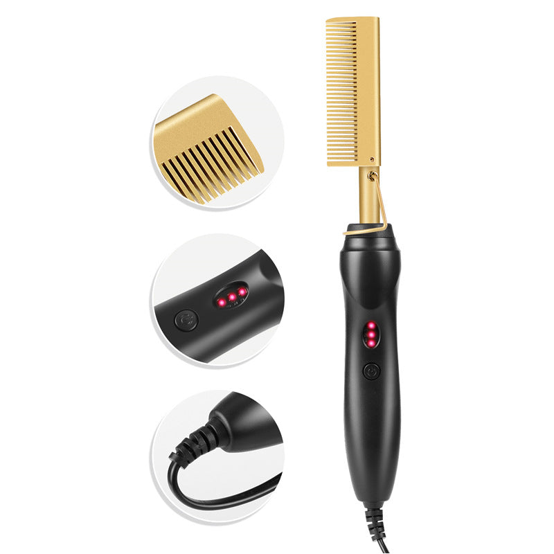 Electric Curling Comb in black copper color, showcasing its sleek design and ceramic heating technology.