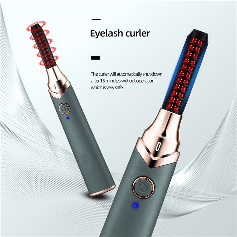 Electric Eyelash Curler in sleek design with USB charging port, showcasing its curved brush head and ergonomic features.