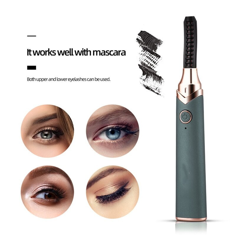 Electric Eyelash Curler in sleek design with USB charging port, showcasing its curved brush head and ergonomic features.