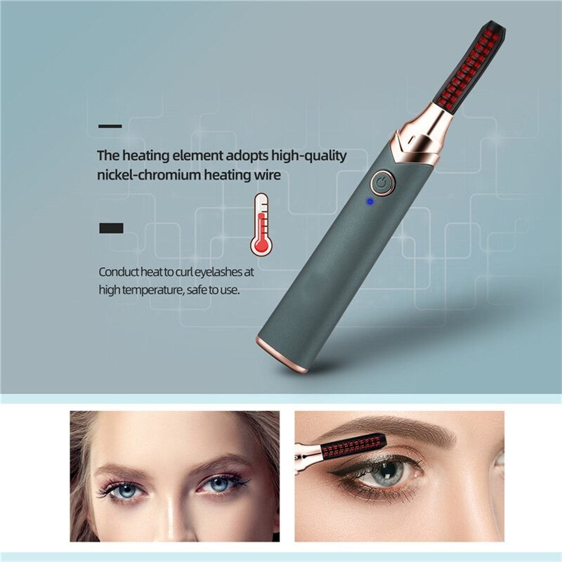 Electric Eyelash Curler in sleek design with USB charging port, showcasing its curved brush head and ergonomic features.