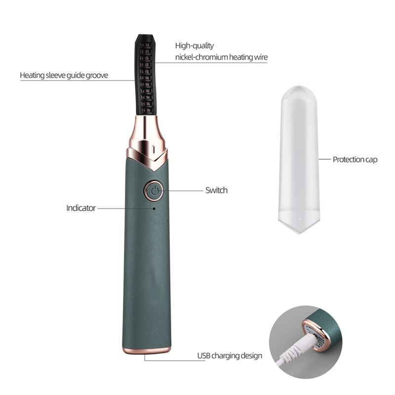 Electric Eyelash Curler in sleek design with USB charging port, showcasing its curved brush head and ergonomic features.