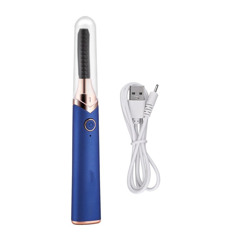 Electric Eyelash Curler in sleek design with USB charging port, showcasing its curved brush head and ergonomic features.