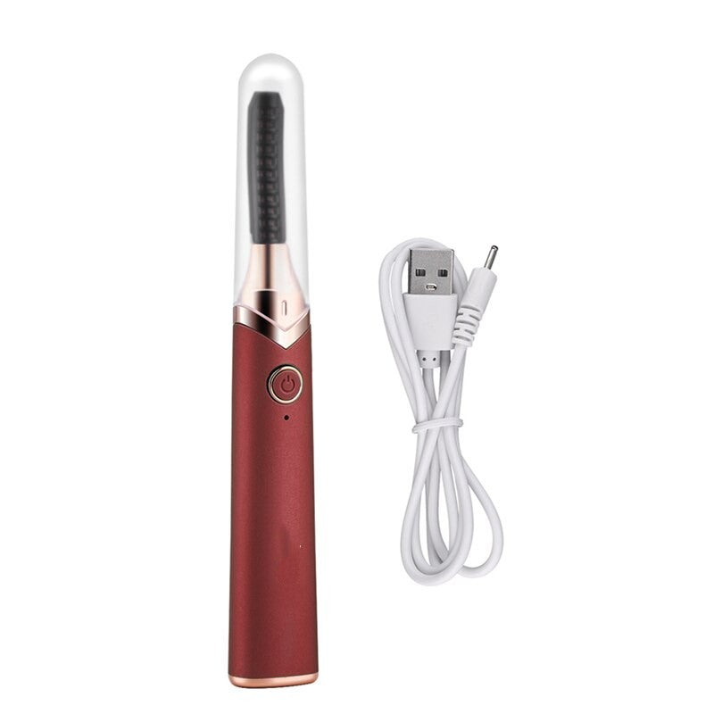 Electric Eyelash Curler in sleek design with USB charging port, showcasing its curved brush head and ergonomic features.