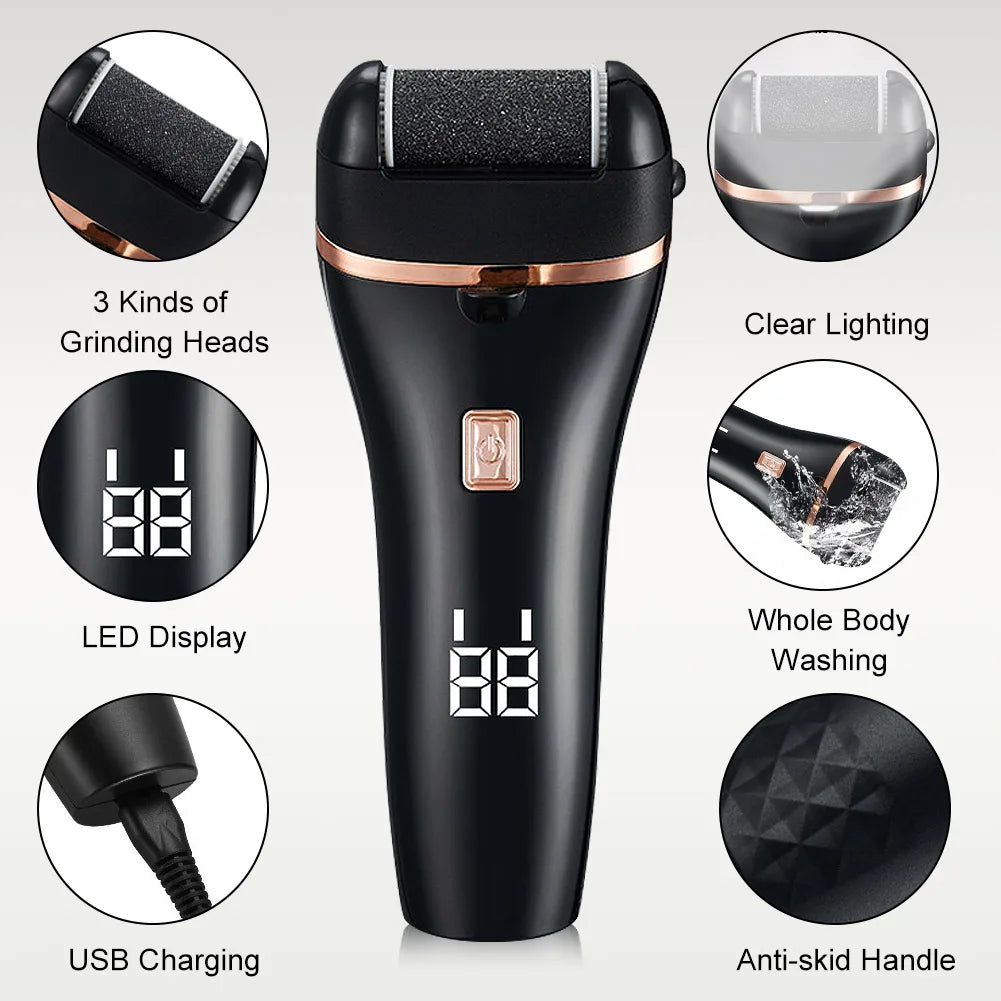 Electric Foot File Grinder in black, designed for removing dead skin and calluses, featuring ergonomic handle and USB charging.