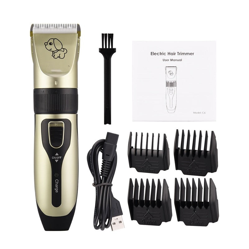 Electric hair clipper designed for pet grooming, featuring a low noise ceramic blade and adjustable cutter length for precise hair cutting.