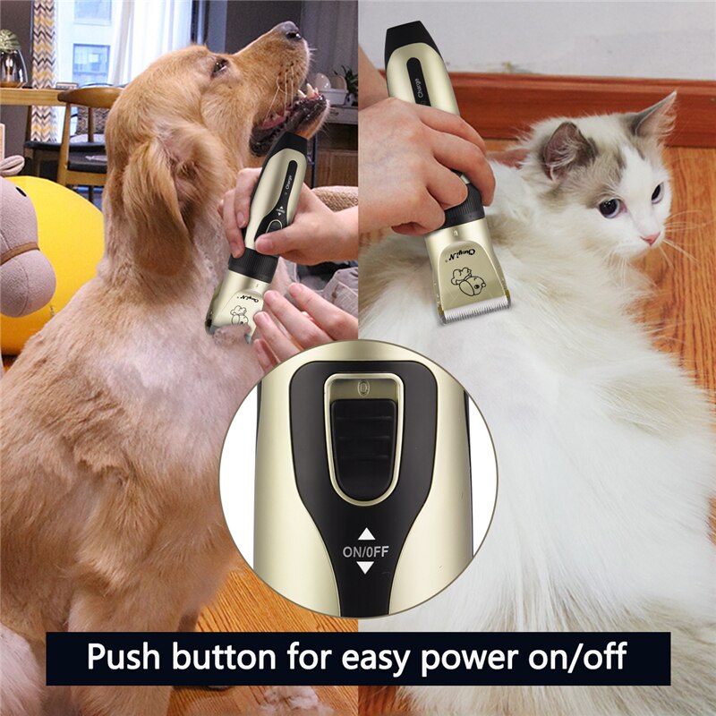 Electric hair clipper designed for pet grooming, featuring a low noise ceramic blade and adjustable cutter length for precise hair cutting.