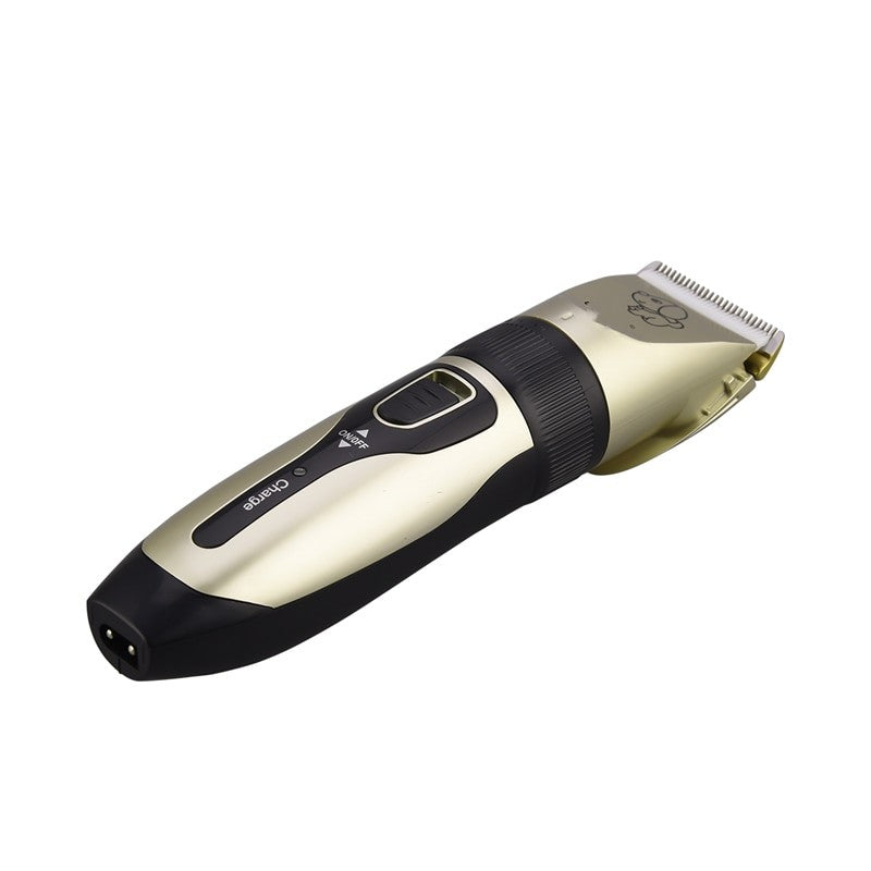 Electric hair clipper designed for pet grooming, featuring a low noise ceramic blade and adjustable cutter length for precise hair cutting.