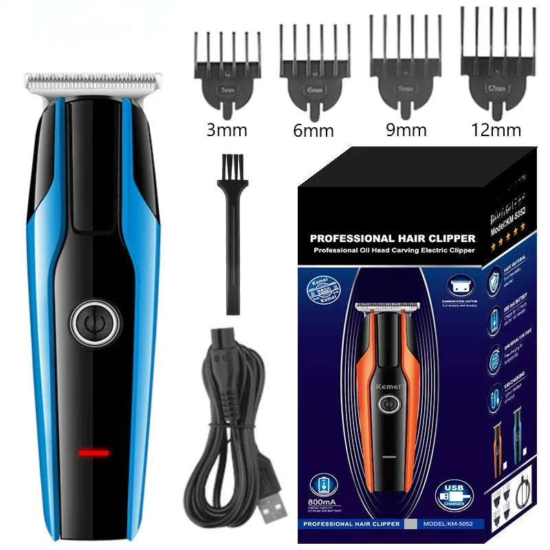 Electric Hair Clipper with limit combs and USB cable, designed for men's grooming.