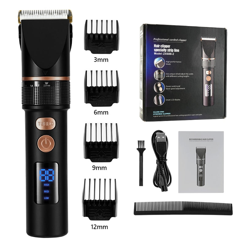 Electric Hair Clipper Rechargeable Hair Trimmer for Men with LED display and detachable blades, ideal for precise hair cutting.