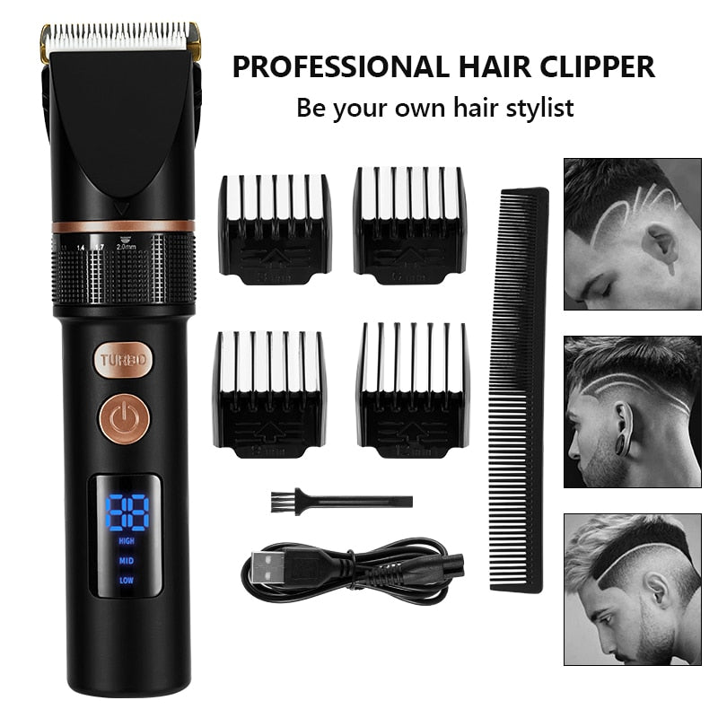 Electric Hair Clipper Rechargeable Hair Trimmer for Men with LED display and detachable blades, ideal for precise hair cutting.