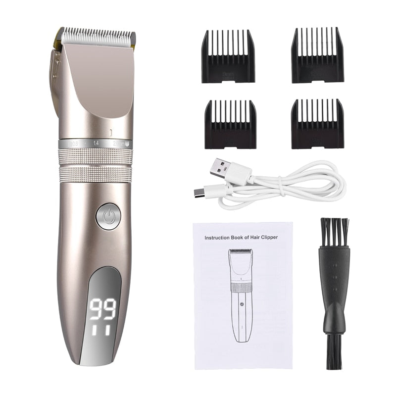 Electric hair clipper with titanium ceramic blade, limit combs, and USB charging cable, designed for precise haircuts and beard trimming.