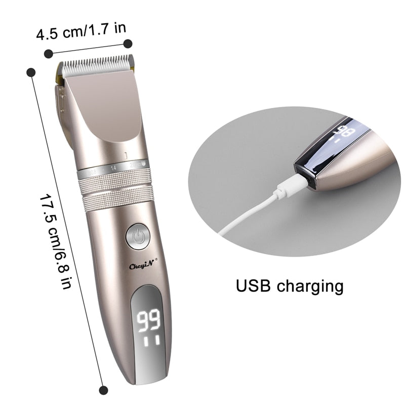 Electric hair clipper with titanium ceramic blade, limit combs, and USB charging cable, designed for precise haircuts and beard trimming.