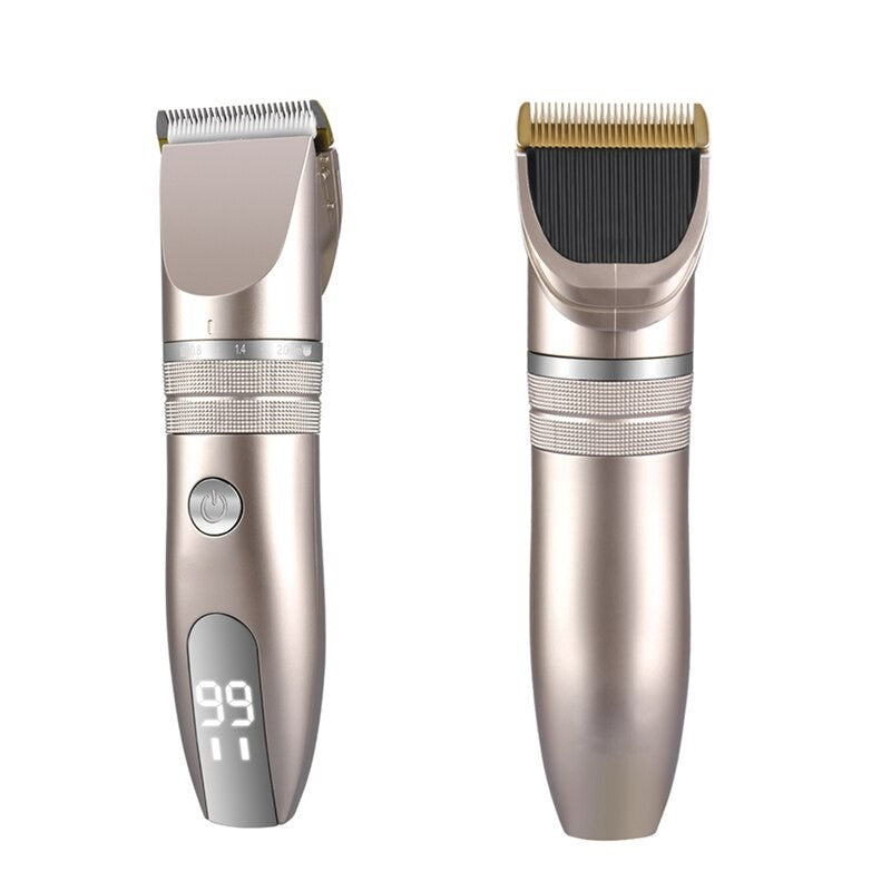 Electric hair clipper with titanium ceramic blade, limit combs, and USB charging cable, designed for precise haircuts and beard trimming.