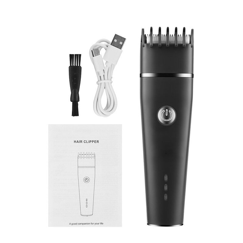 Electric hair clippers with titanium and ceramic blades, designed for low noise operation and adjustable cutting lengths.