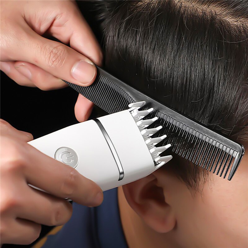 Electric hair clippers with titanium and ceramic blades, designed for low noise operation and adjustable cutting lengths.