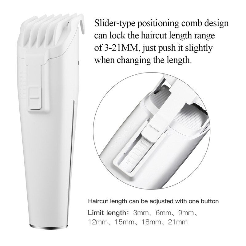 Electric hair clippers with titanium and ceramic blades, designed for low noise operation and adjustable cutting lengths.