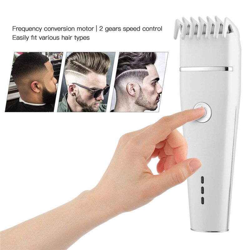 Electric hair clippers with titanium and ceramic blades, designed for low noise operation and adjustable cutting lengths.