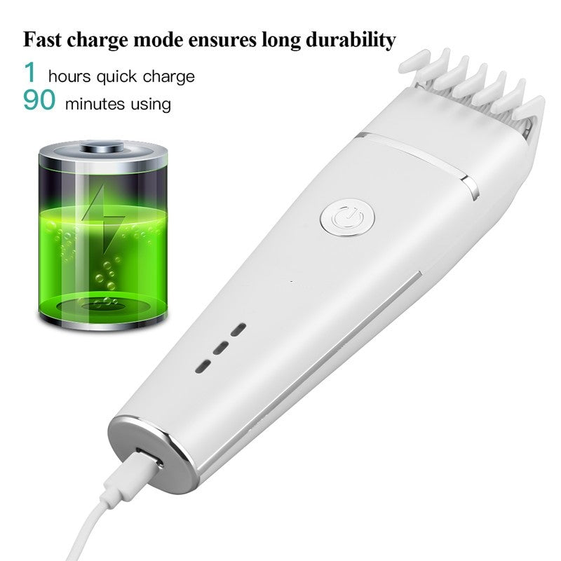 Electric hair clippers with titanium and ceramic blades, designed for low noise operation and adjustable cutting lengths.