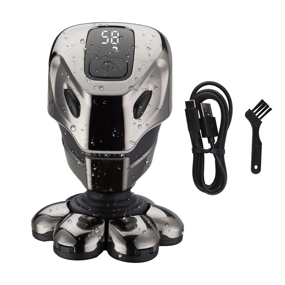 Electric Hair Shaver with seven cutter heads, USB cable, and cleaning brush, showcasing its compact design and digital display.