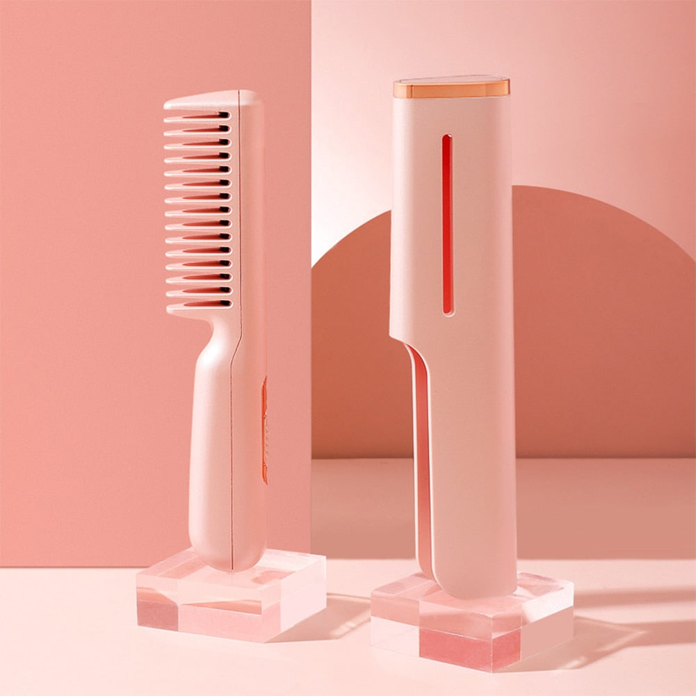 Electric Hair Straightener Brush Comb in pink and green colors, showcasing its sleek design and USB charging capability.