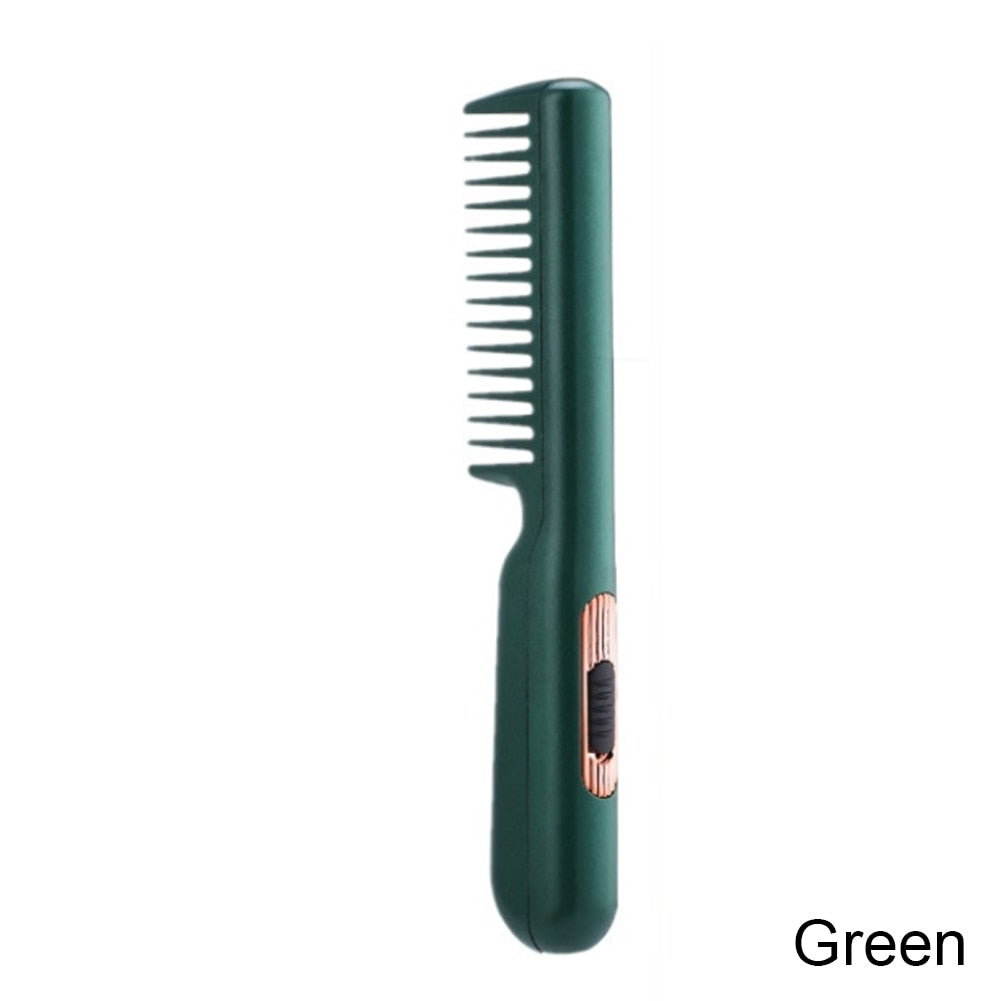 Electric Hair Straightener Brush Comb in pink and green colors, showcasing its sleek design and USB charging capability.