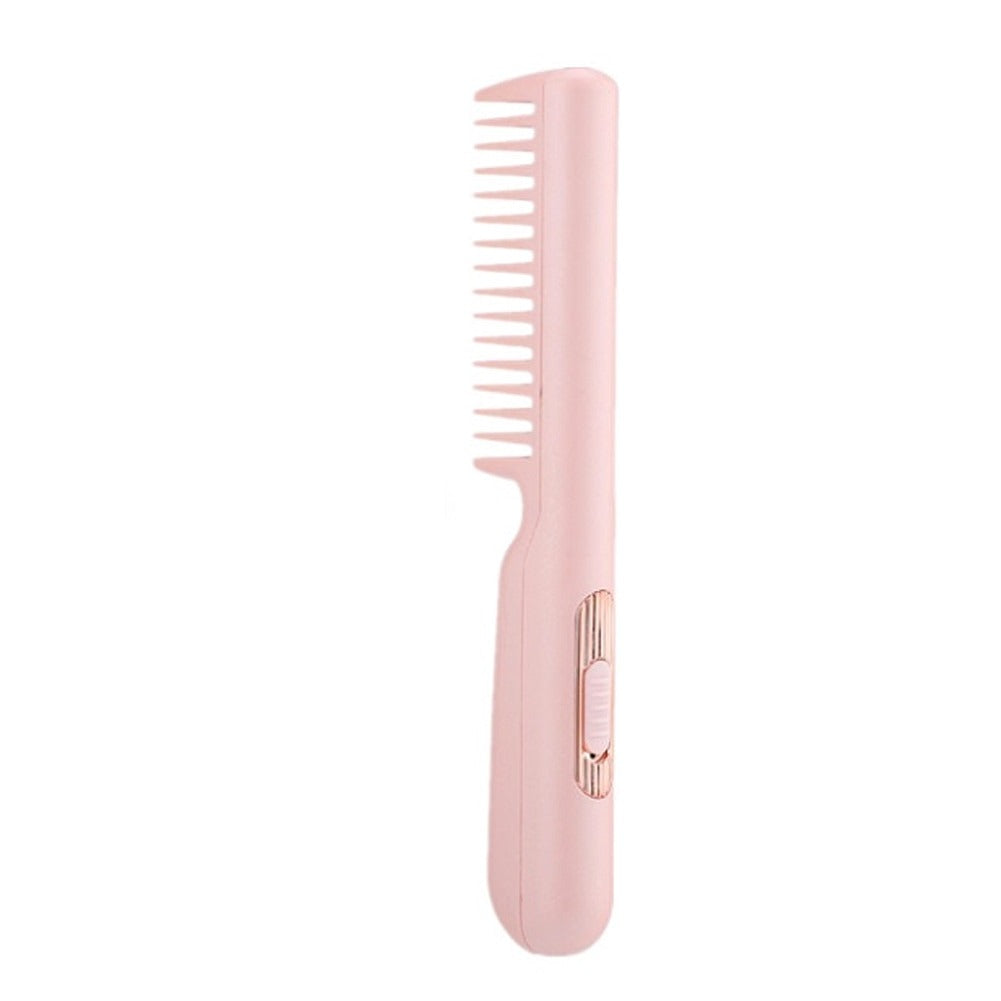 Electric Hair Straightener Brush Comb in pink and green colors, showcasing its sleek design and USB charging capability.