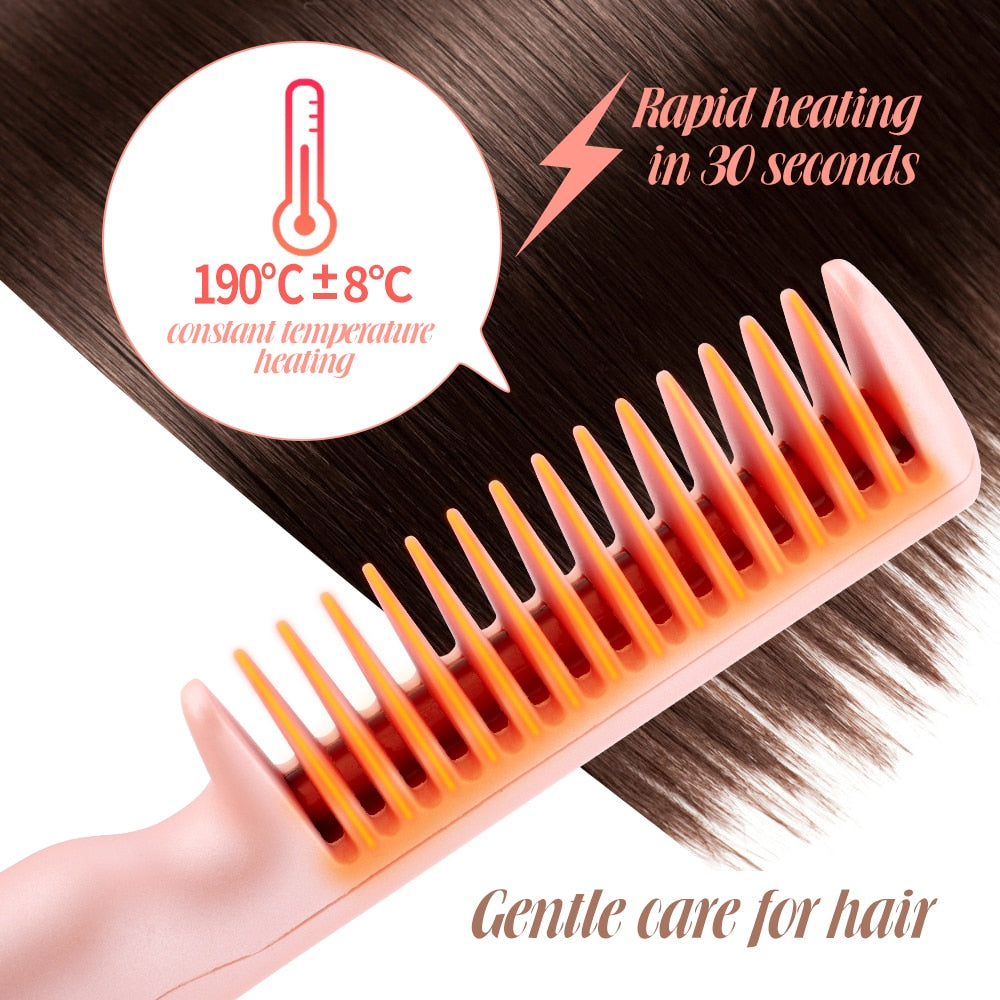 Electric Hair Straightener Brush Comb in pink and green, showcasing its dual-use functionality for straightening and curling hair.