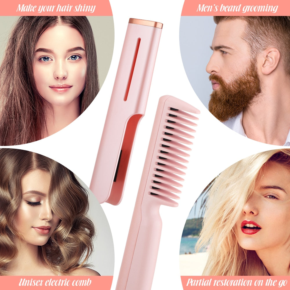 Electric Hair Straightener Brush Comb in pink and green, showcasing its dual-use functionality for straightening and curling hair.