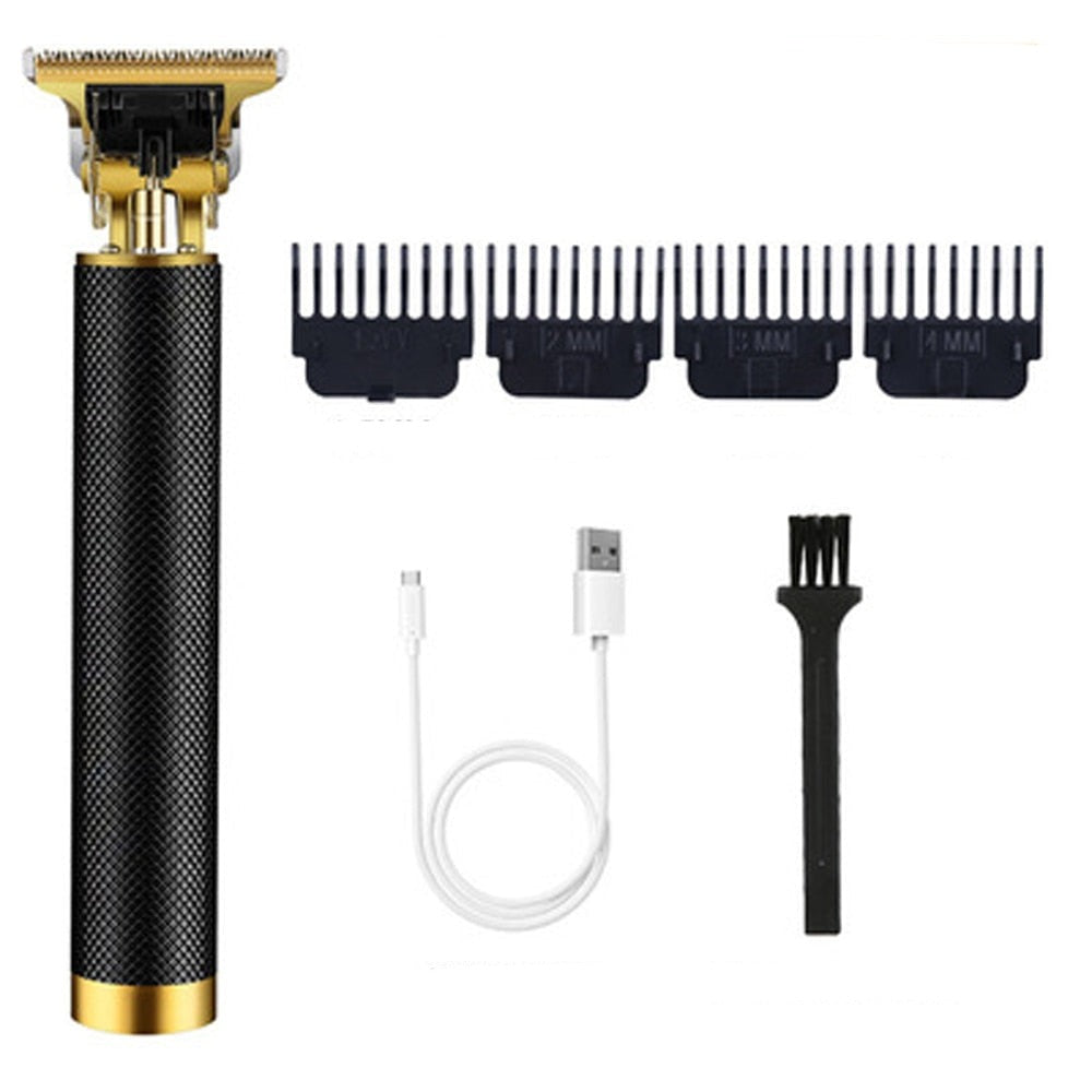 Electric Hair Trimmer for Men with adjustable limit combs and USB charging cable, designed for professional hair cutting.