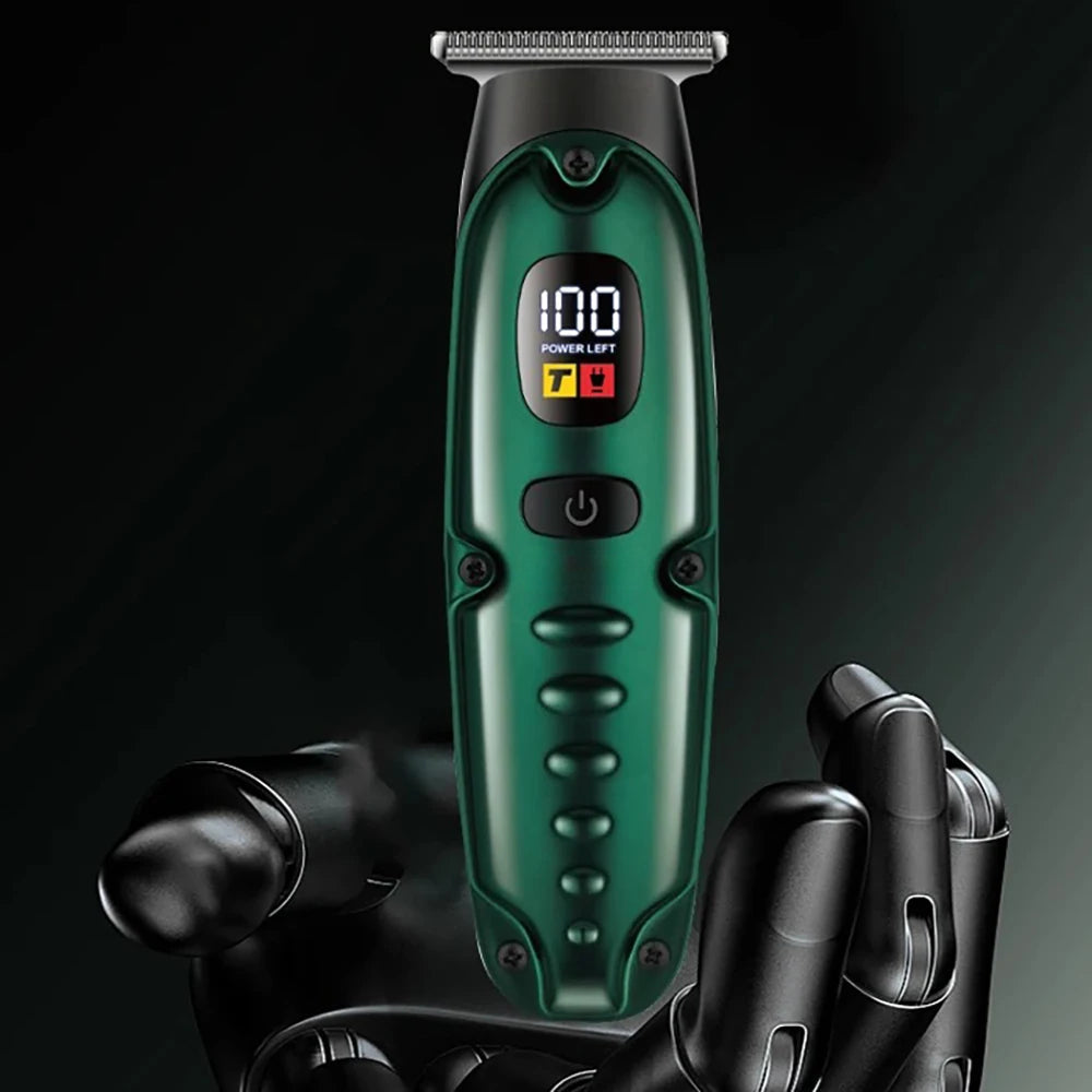 Electric Powerful Hair Trimmer with USB charging cable and limit combs, designed for versatile grooming including bald head and beard trimming.