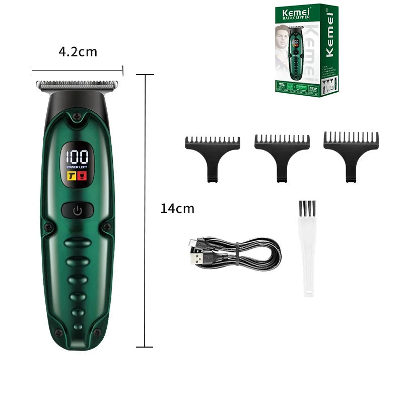 Electric Powerful Hair Trimmer with USB charging cable and limit combs, designed for versatile grooming including bald head and beard trimming.