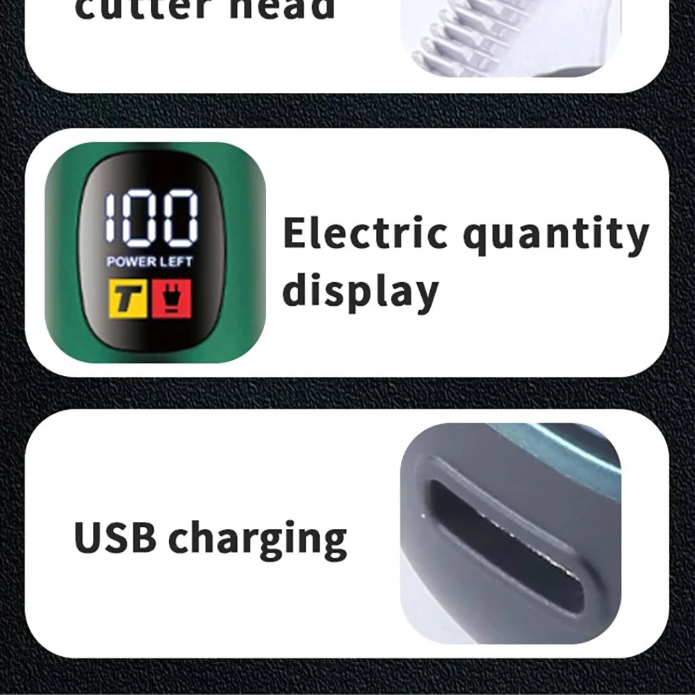 Electric Powerful Hair Trimmer with USB charging cable and limit combs, designed for versatile grooming including bald head and beard trimming.