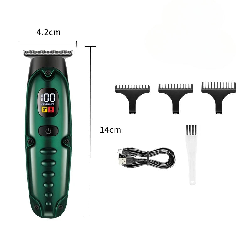 Electric Powerful Hair Trimmer with USB charging cable and limit combs, designed for versatile grooming including bald head and beard trimming.