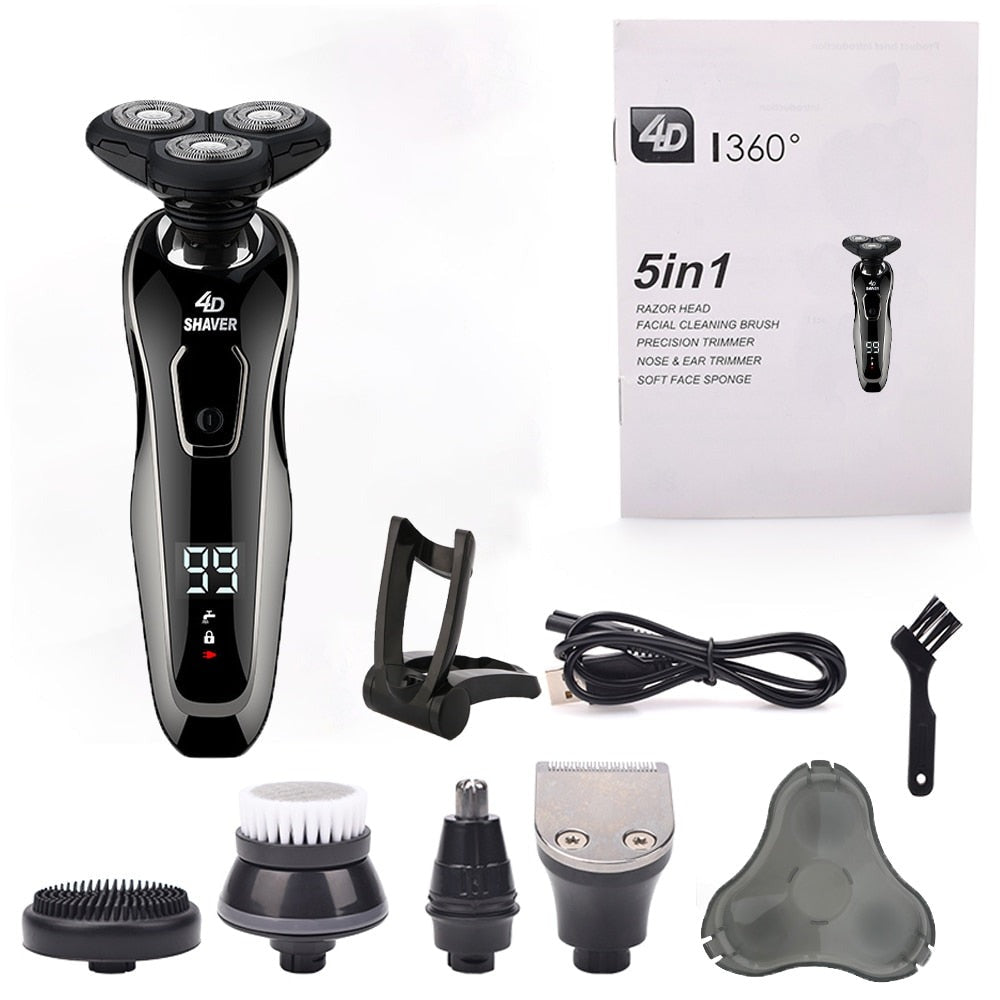 Electric Razor Electric Shaver for men, featuring a sleek design, LCD display, and multiple grooming attachments.