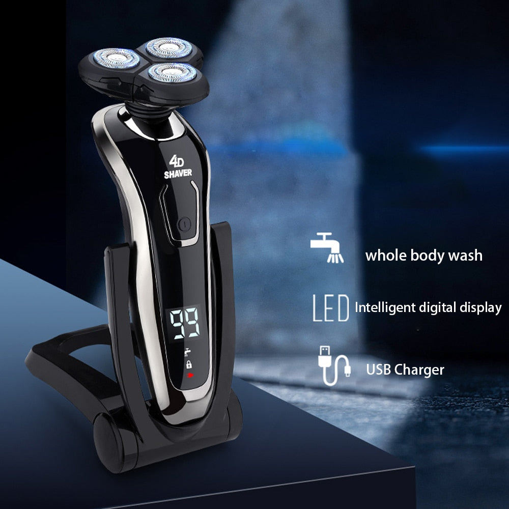 Electric Razor Electric Shaver for men, featuring a sleek design, LCD display, and multiple grooming attachments.