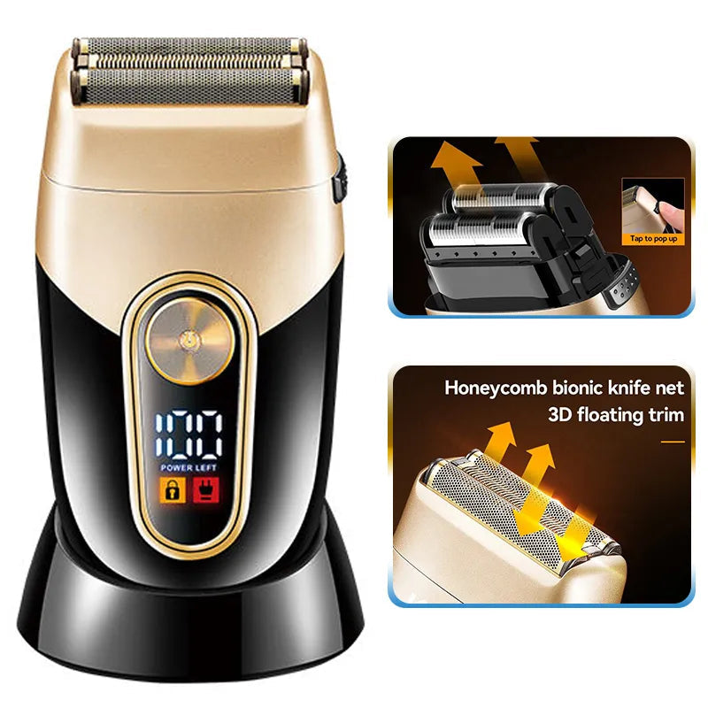 Electric Razor Electric Shaver with LED display, waterproof design, and stainless steel blades, ideal for men's grooming.