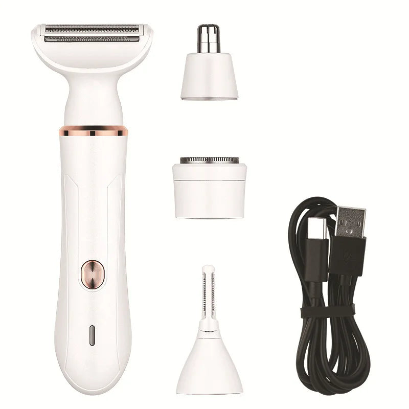 4-in-1 Electric Razor for Women with multiple attachments for face, nose, and eyebrow grooming, showcasing its compact design.