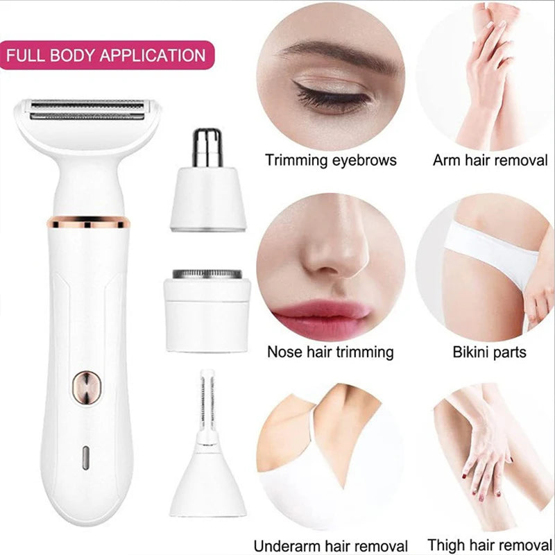 4-in-1 Electric Razor for Women with multiple attachments for face, nose, and eyebrow grooming, showcasing its compact design.