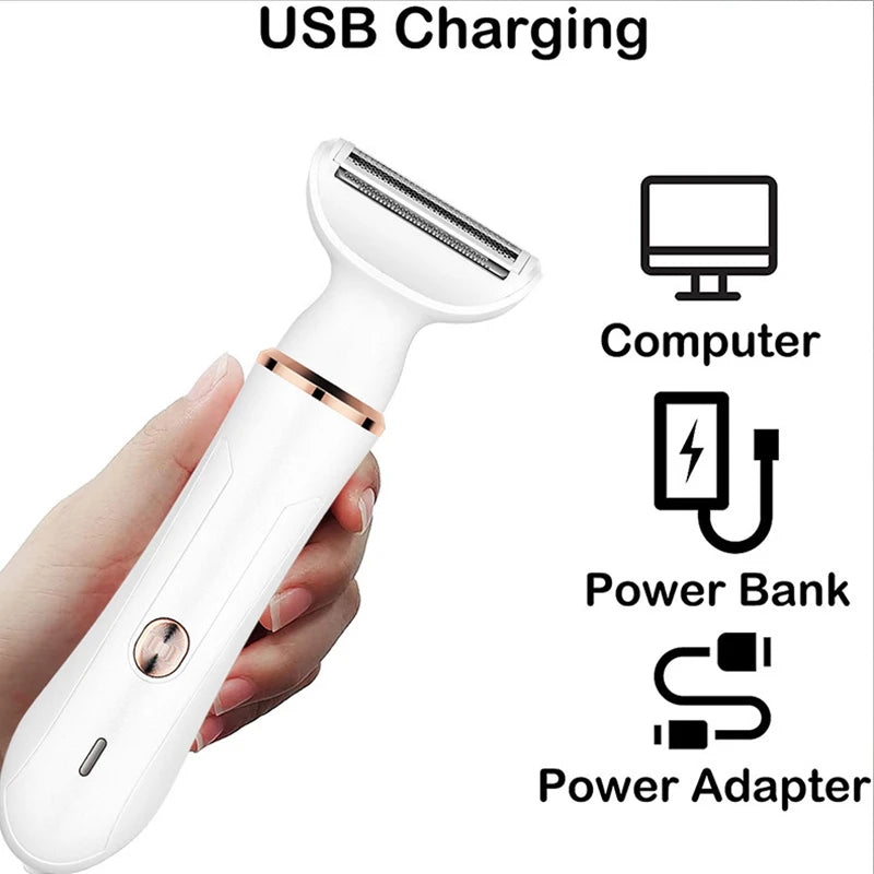 4-in-1 Electric Razor for Women with multiple attachments for face, nose, and eyebrow grooming, showcasing its compact design.