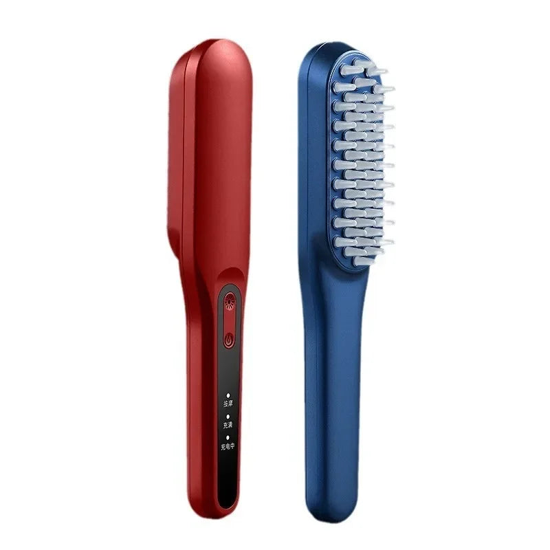 Electric Scalp Massage Comb in red and blue, designed for hair growth with light therapy and vibration features.