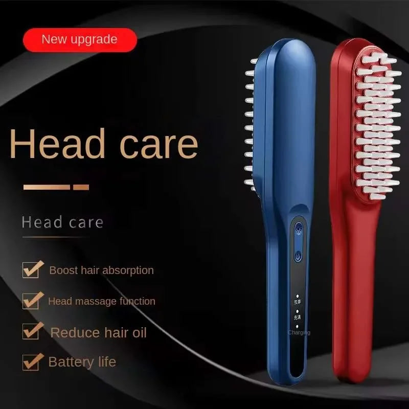 Electric Scalp Massage Comb in red and blue, designed for hair growth with light therapy and vibration features.