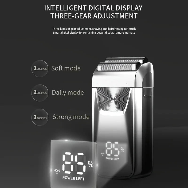 Electric shaver with anti-metal design and LED LCD display, showcasing its sleek and modern appearance.