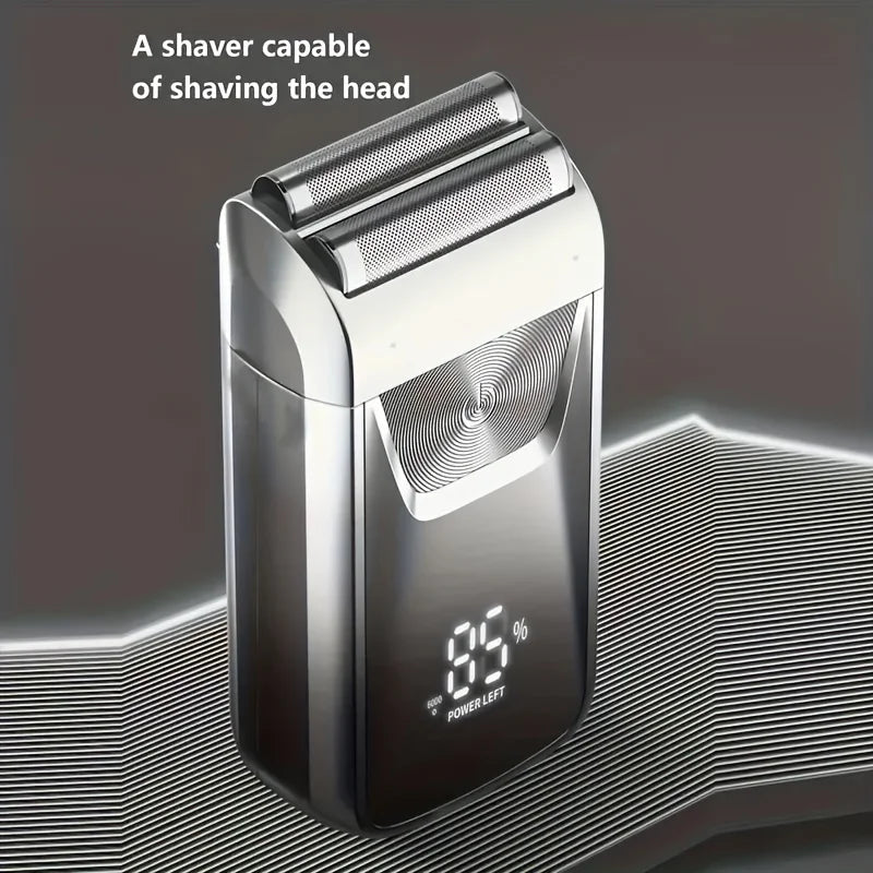 Electric shaver with anti-metal design and LED LCD display, showcasing its sleek and modern appearance.